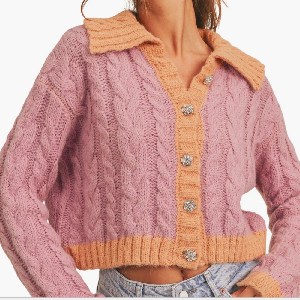 All in Favor, SPRING Cable knit, Crop Cardi,  Pink- Lilac & Peachy, Med.